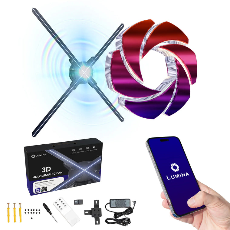 LUMINA L4 holographic fan, orange and purple display example, app and included hardware