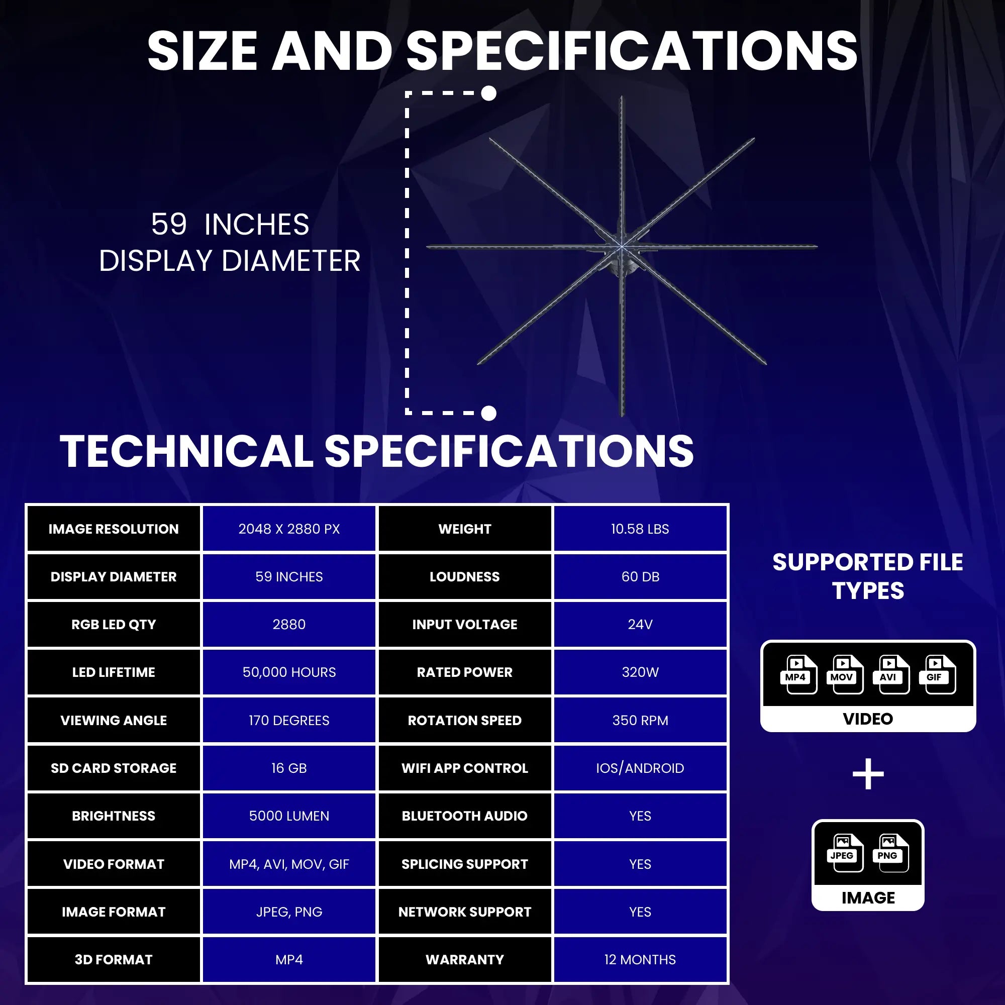 L8 holographic fan size and technical specs